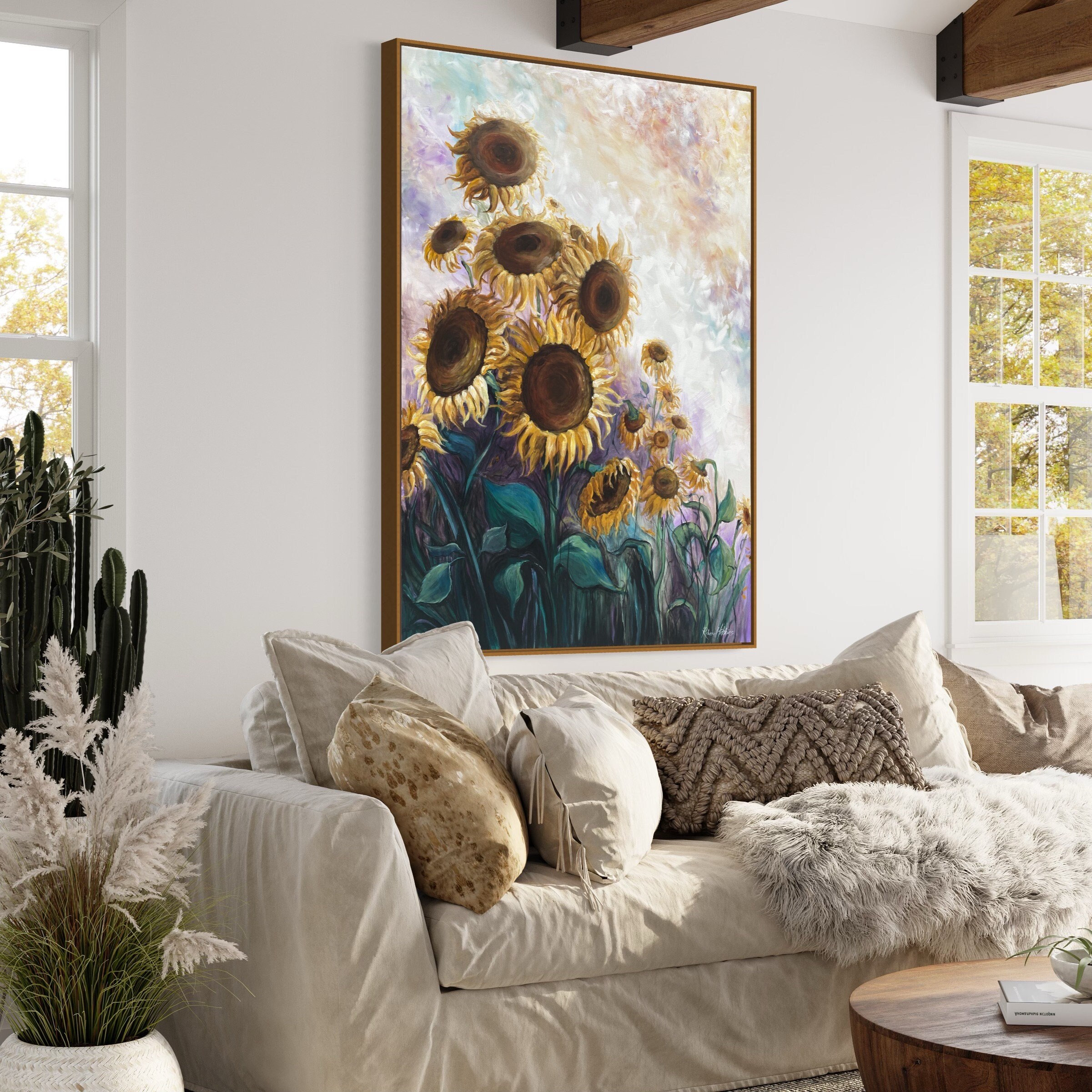 Sunflower Painting, Custom Wall Art, Original Stretched Canvas Art - Purple, Green, Gold