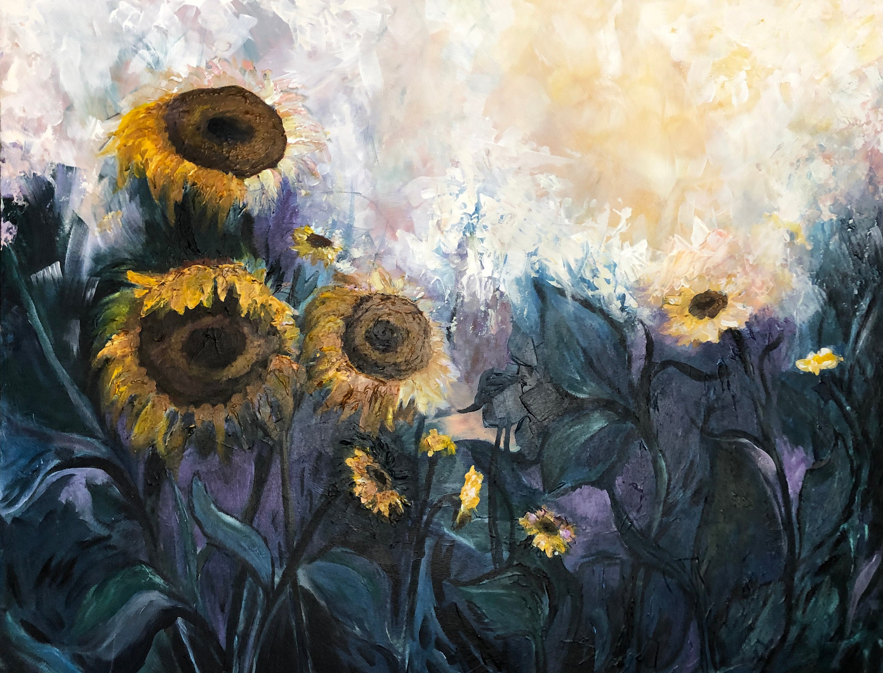 Sunflower Painting, Custom Wall Art, Original Stretched Canvas Art - Purple, Green, Gold