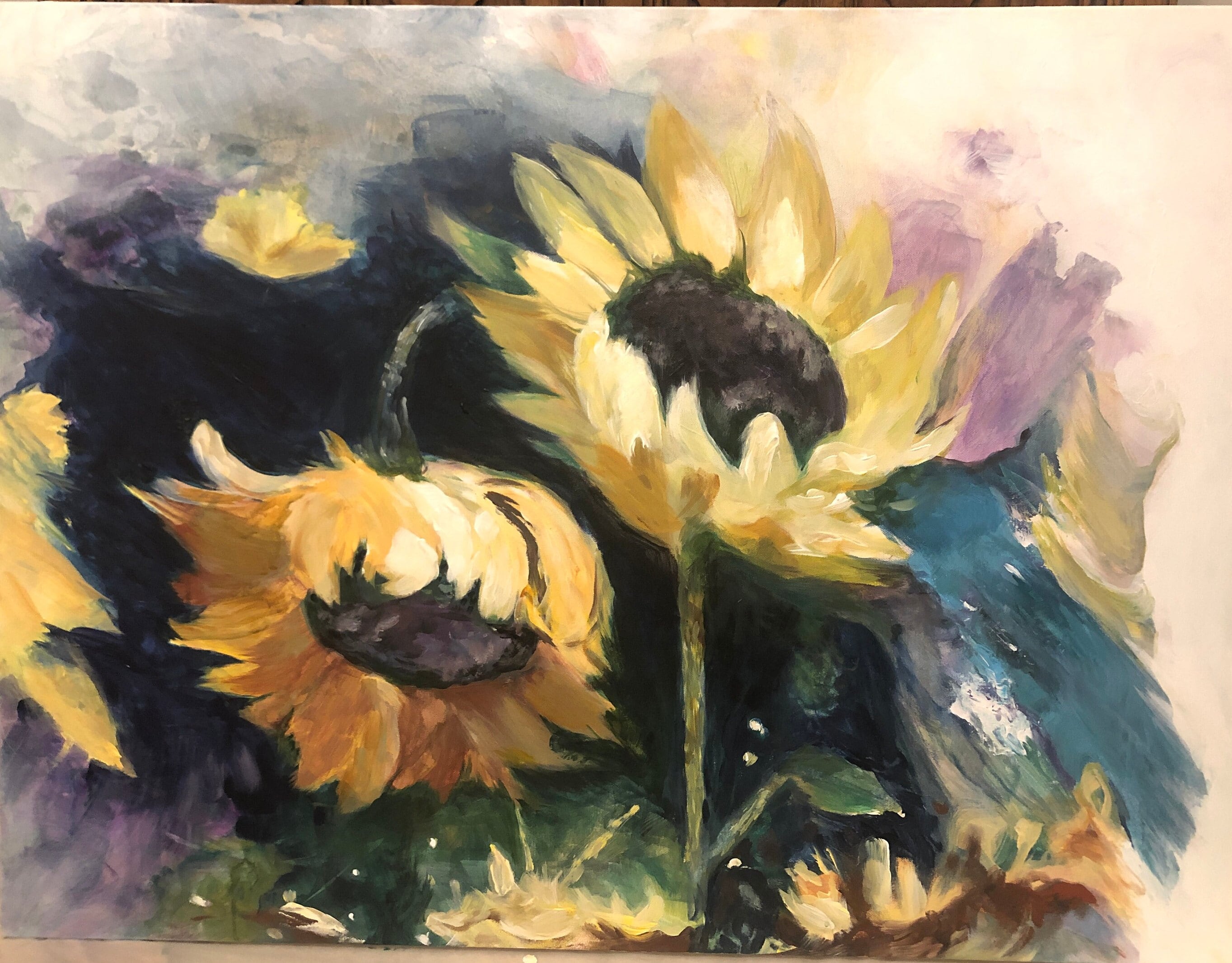 Sunflower Painting, Custom Wall Art, Original Stretched Canvas Art - Purple, Green, Gold