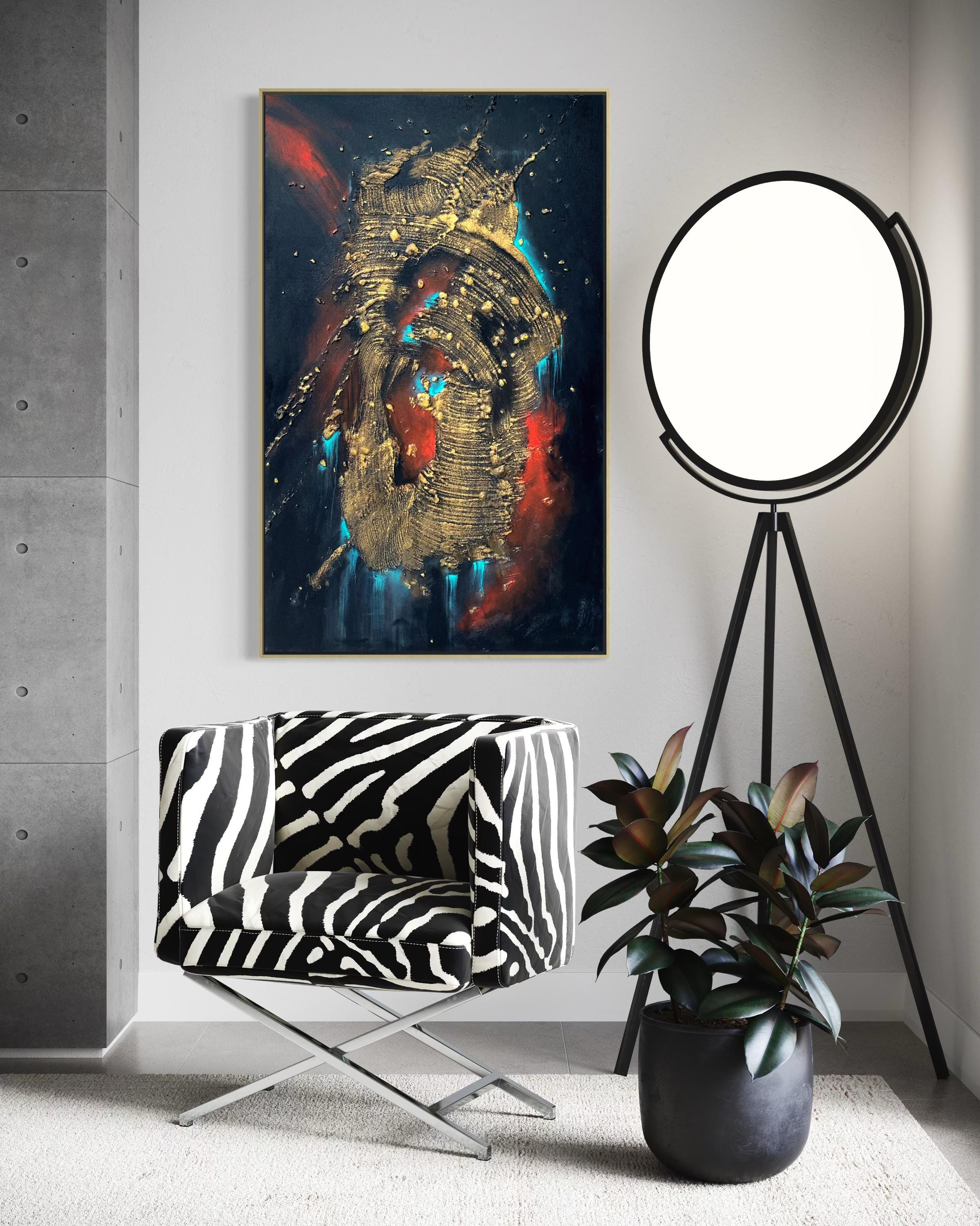 Textured Abstract Canvas Painting: Gold Biomorphic Art (24x36”)
