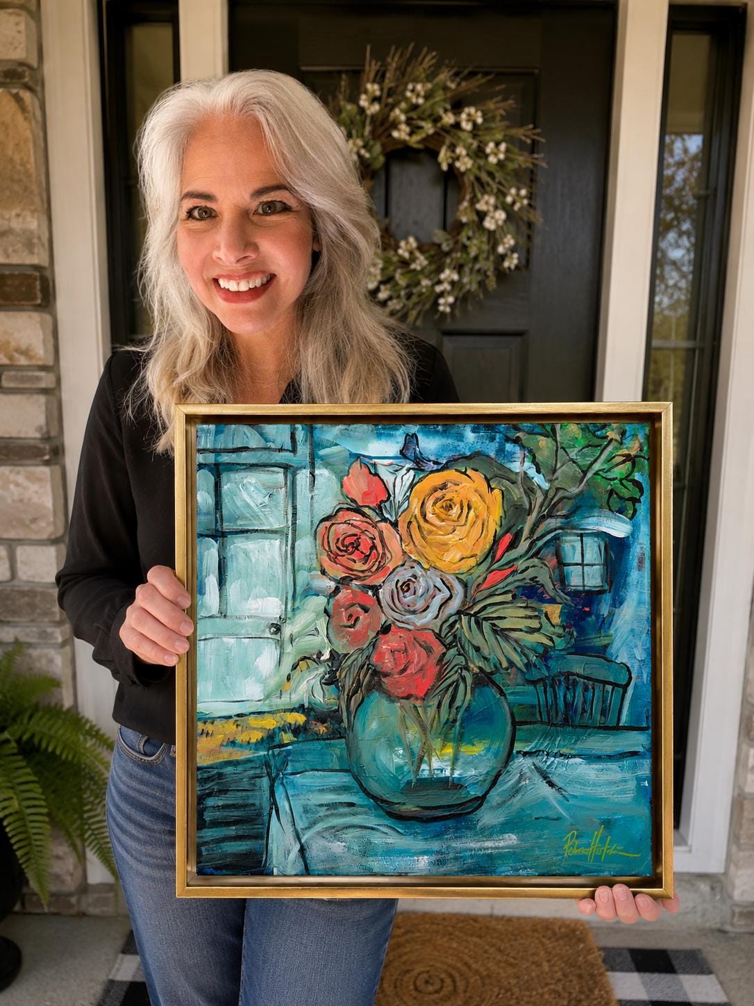 Van Gogh Style Floral Canvas Painting Blue, Green, Original Art