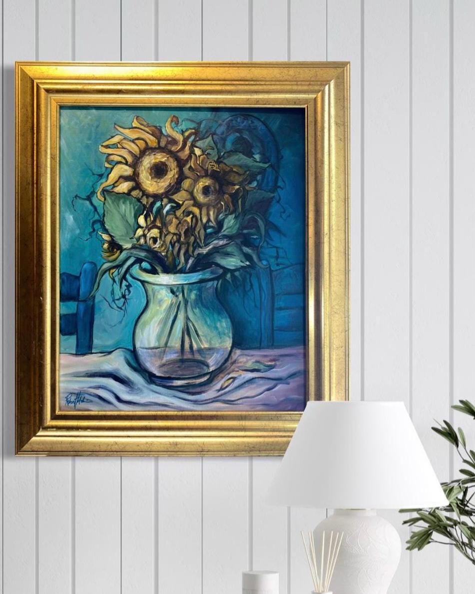 Van Gogh Style Sunflower Canvas Painting Blue, Yellow, Original Art