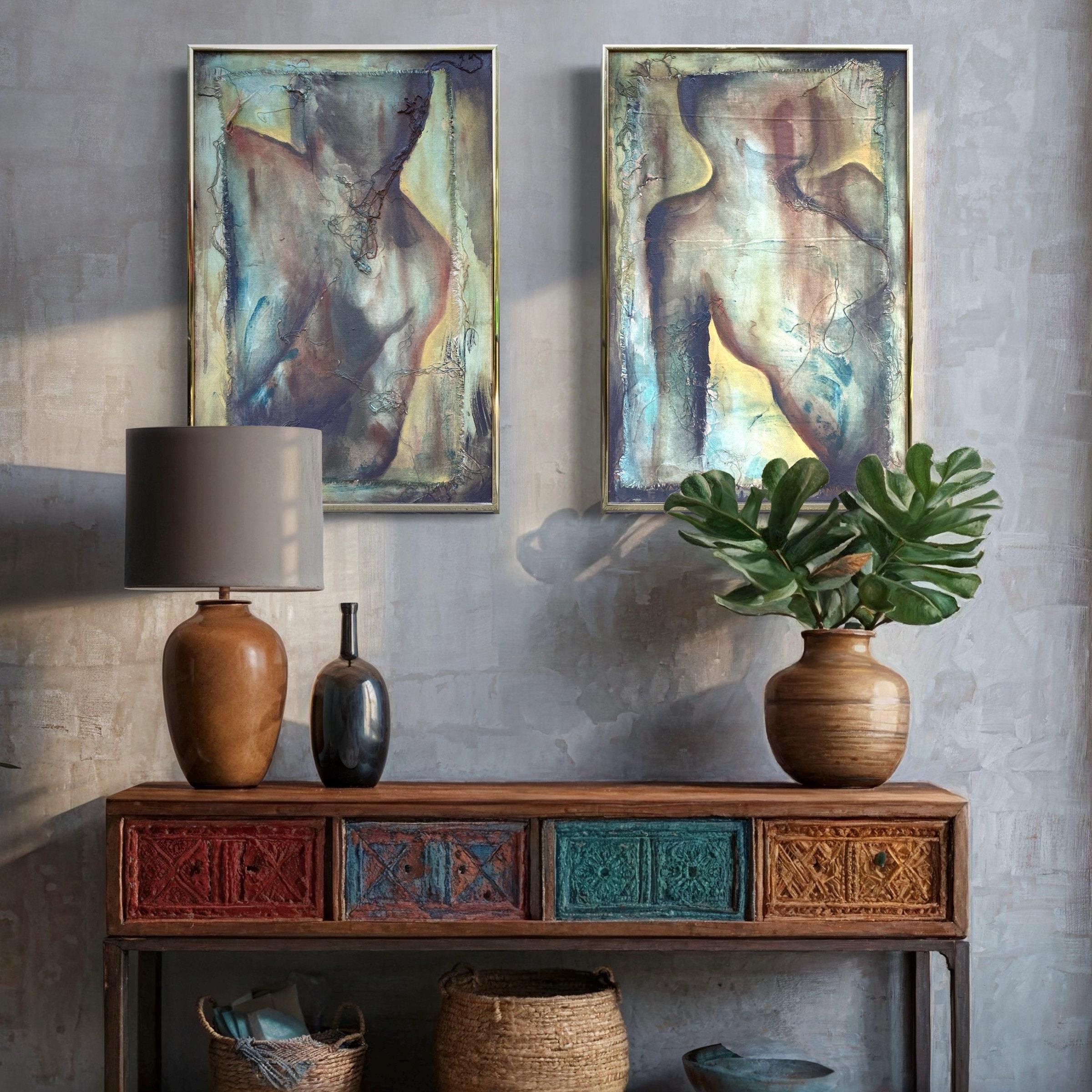 Vintage Abstract Figure Painting: Textured Canvas Wall Art, Gold Frame (Diptych)