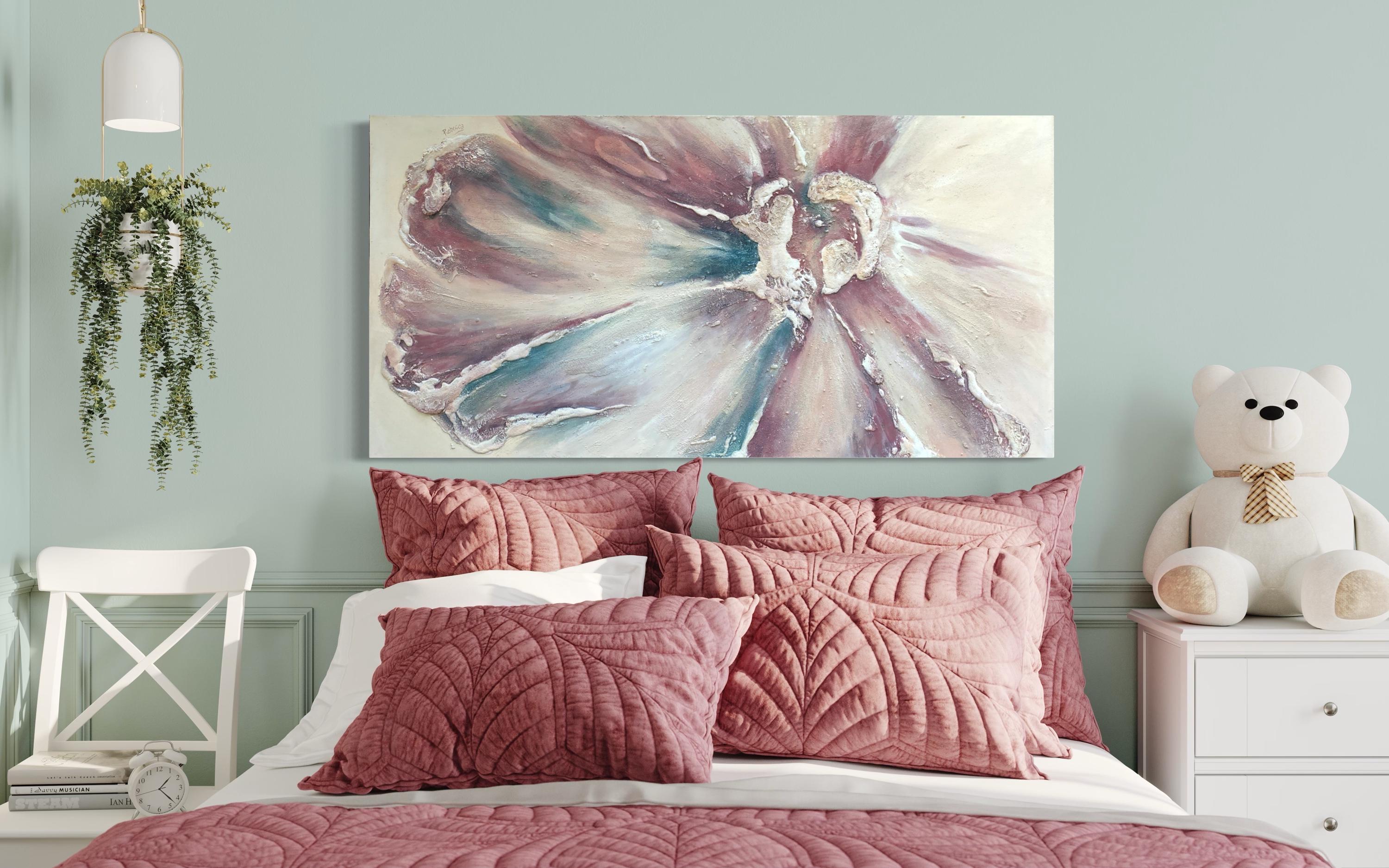 Vintage Abstract Textured Canvas Painting: 1990s Pink Blush Teal Wall Art (60x30”)