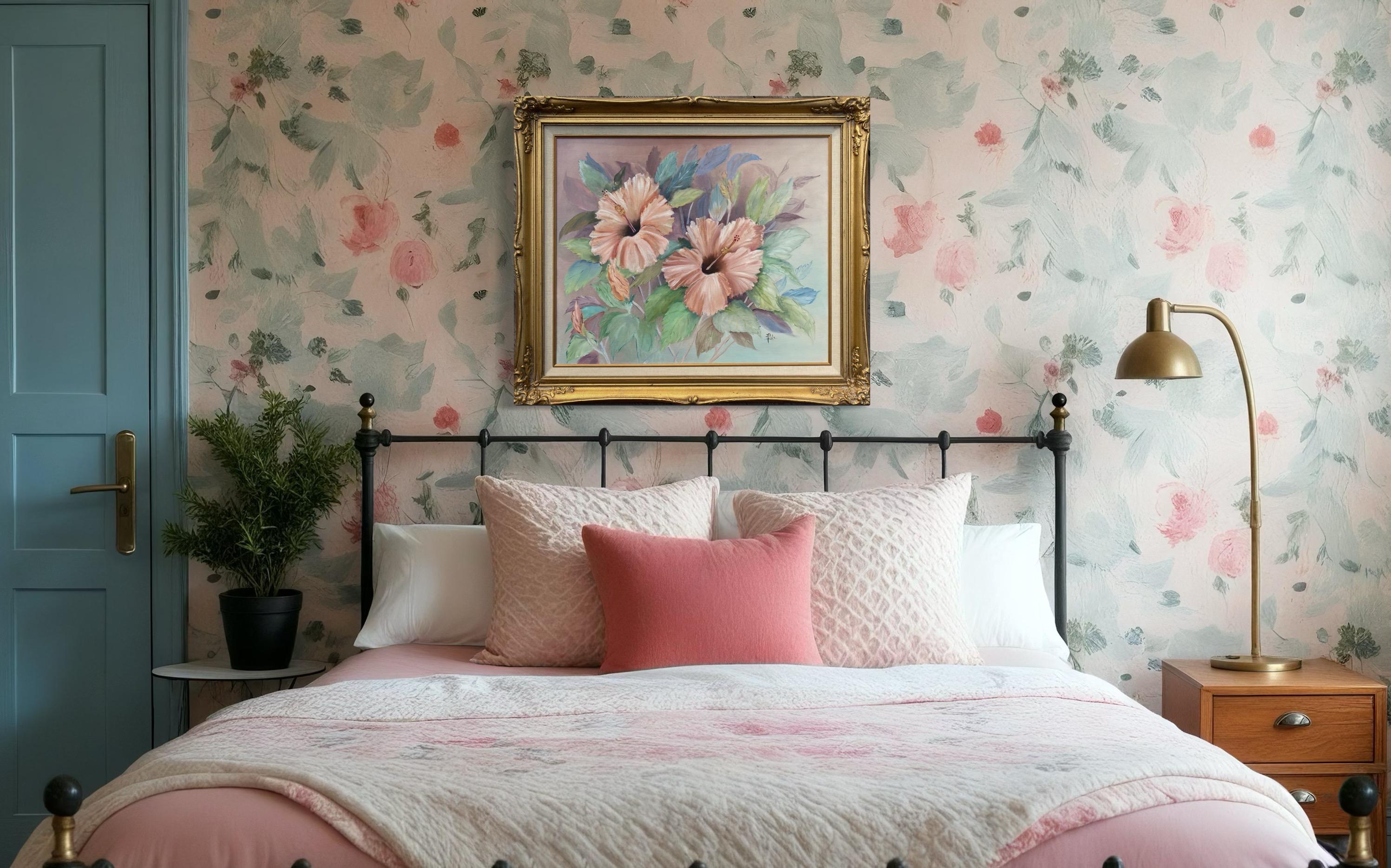 Vintage Floral Oil Painting, Pink Framed Canvas Art