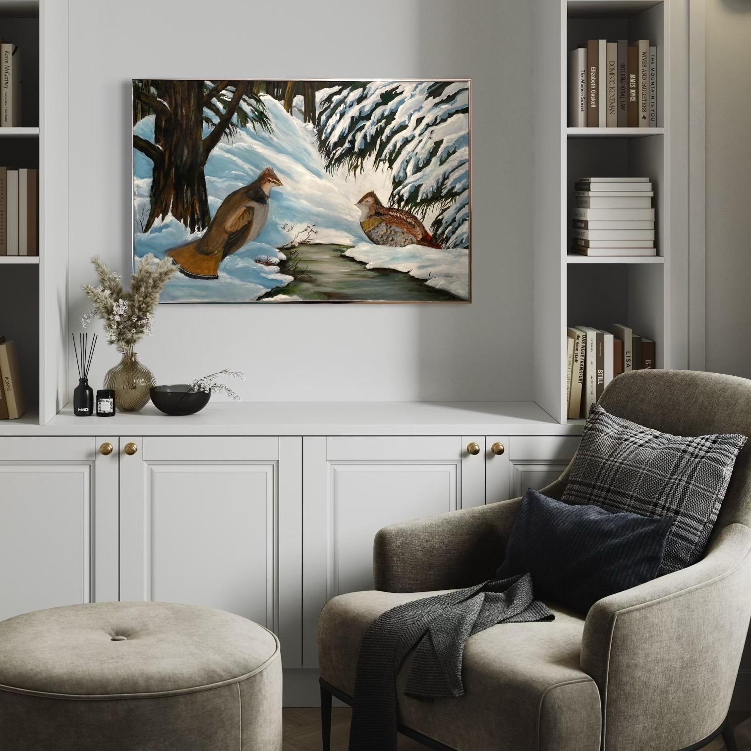Vintage Oil Painting: Two Rouse Birds in Winter Landscape