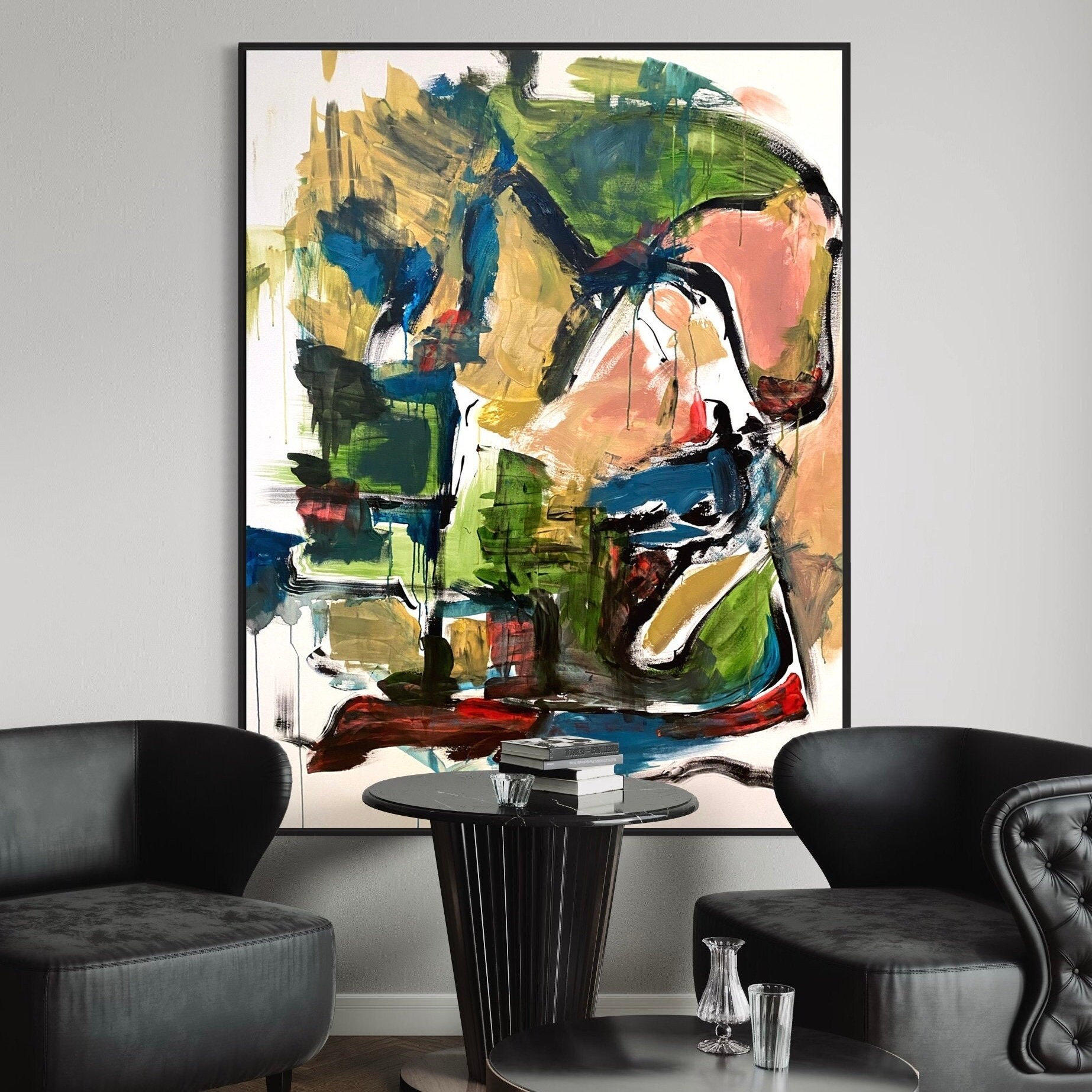Willem de Kooning Style Large Scale Abstract Art, Black, gold, blue, green, red
