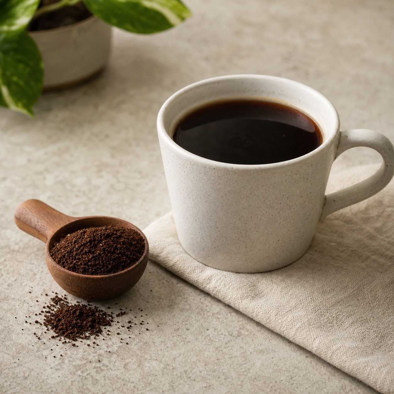 A cup of brewed coffee beside a scoop of coffee grounds.