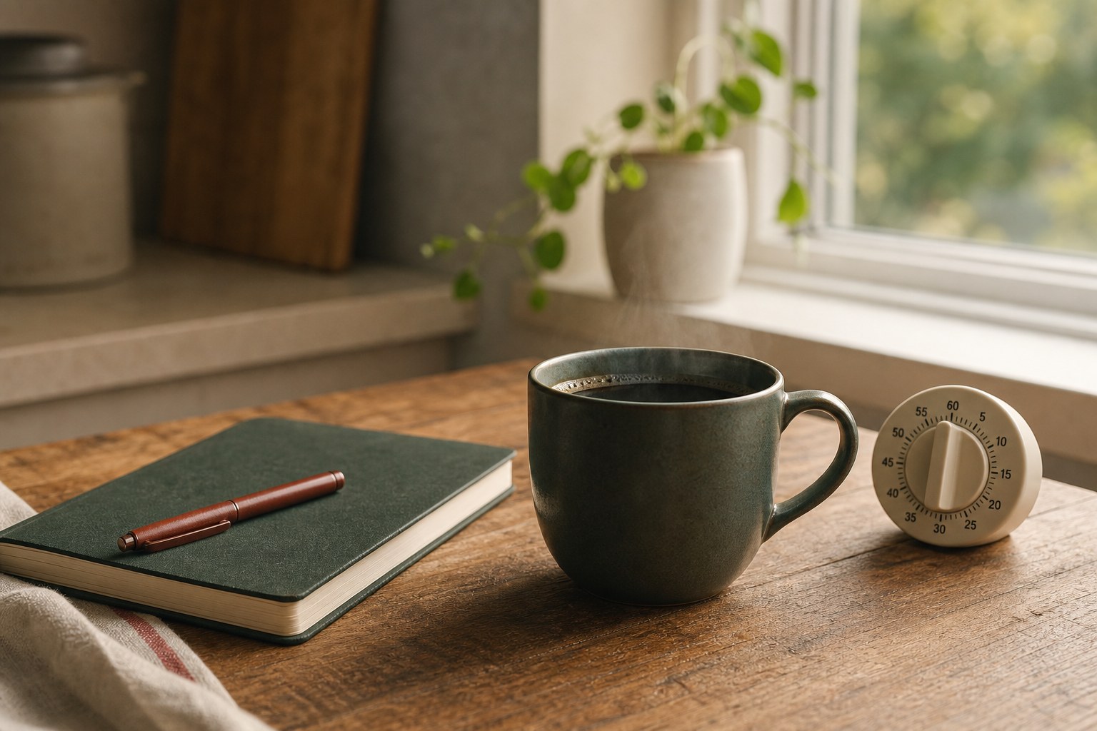 A cup of coffee, notebook, and kitchen timer on a morning table.