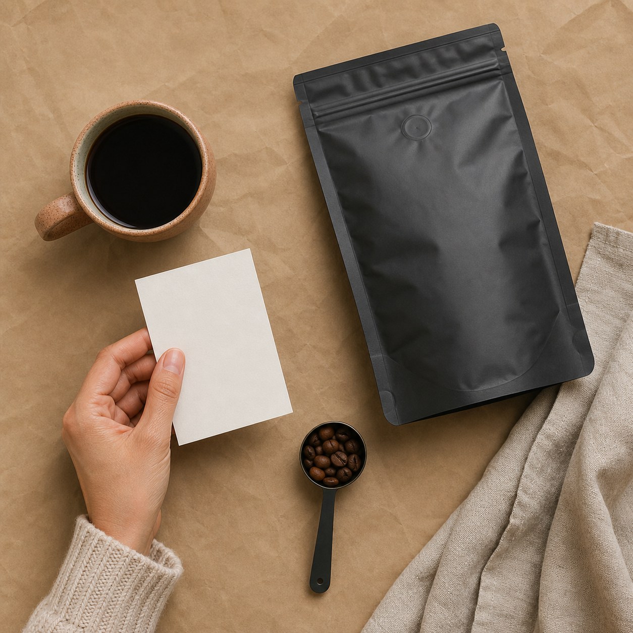 An unbranded coffee pouch, cup, beans, and blank ingredient card on a table.