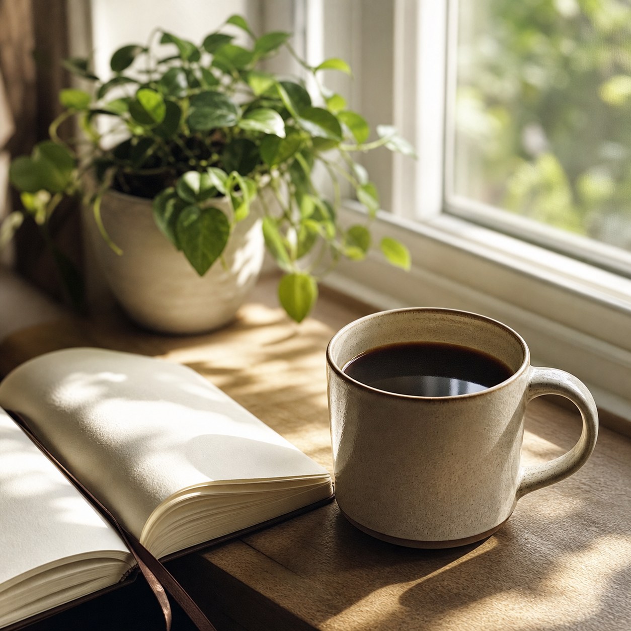 A cup of coffee beside an open notebook in morning light.