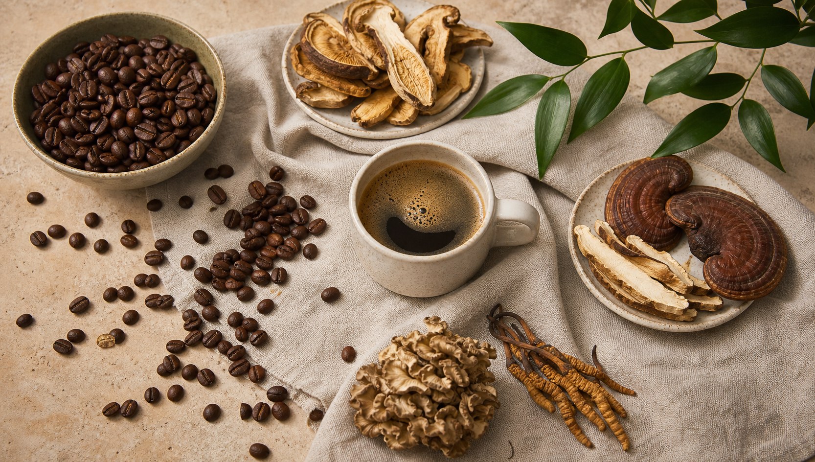 Coffee beans, brewed coffee, and dried culinary mushrooms on a linen cloth.