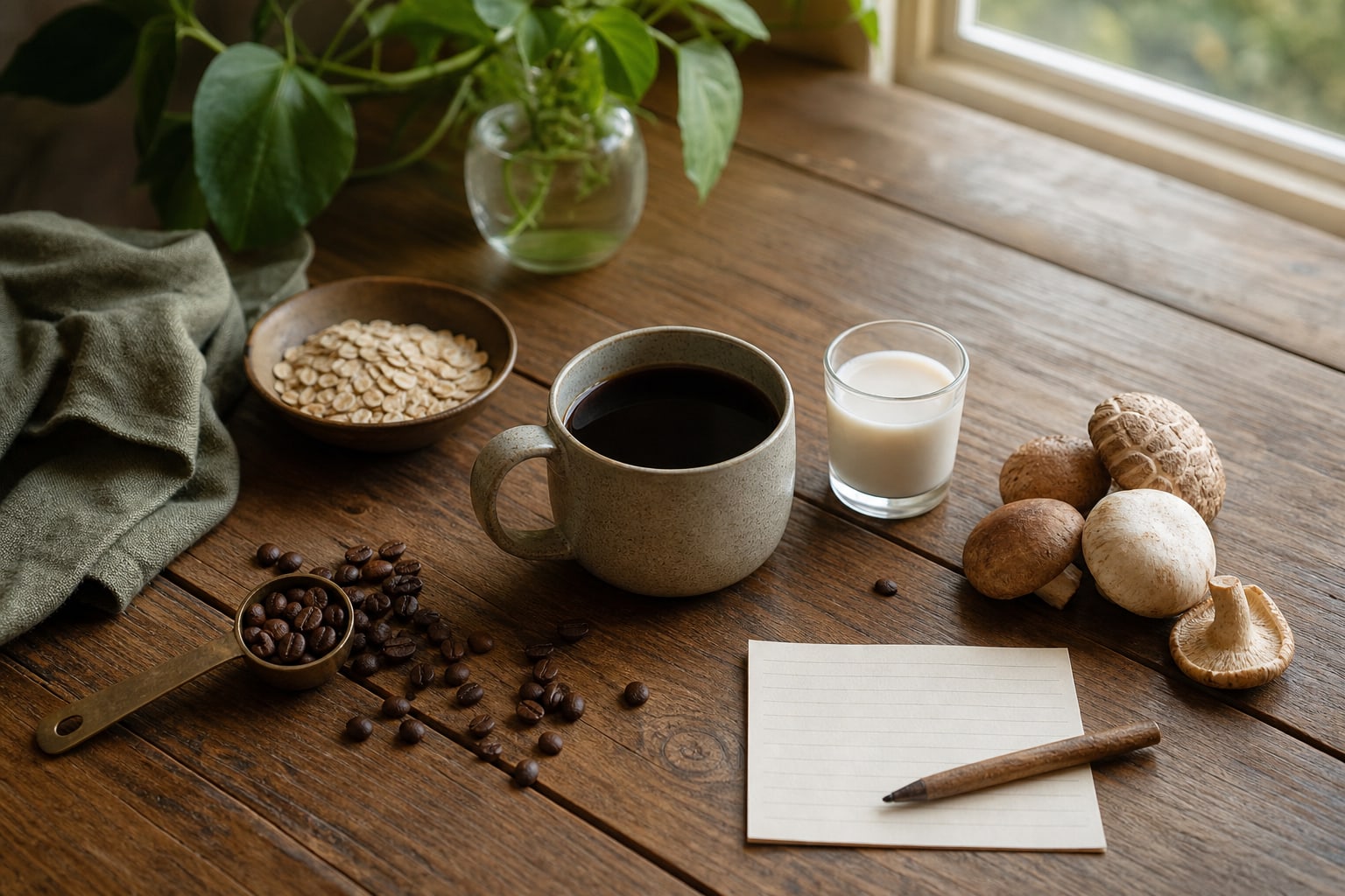A cup of black coffee with coffee beans, oat milk, and culinary mushrooms on a wooden table.