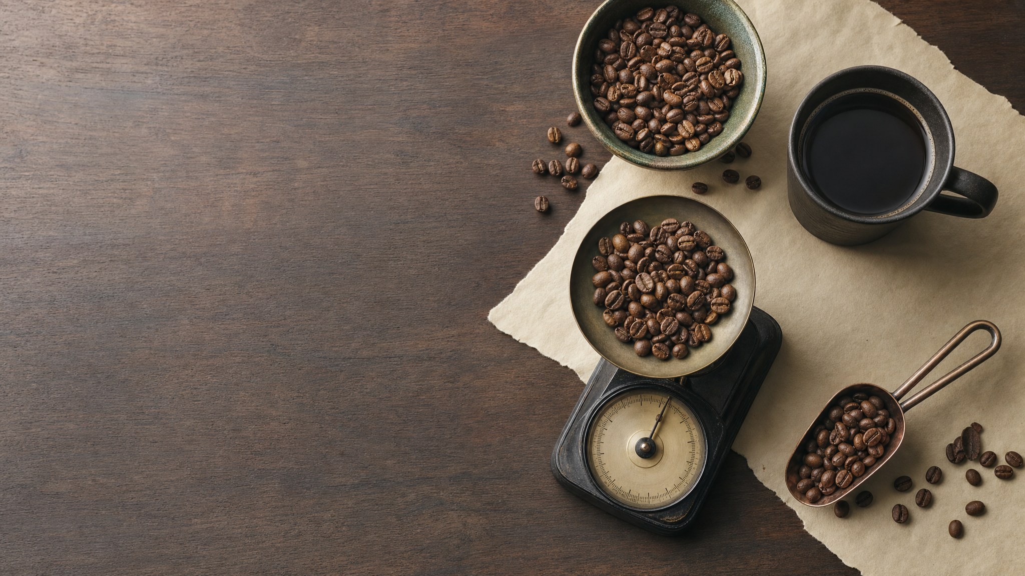 Coffee beans, black coffee, a measuring scoop, and an analog scale on a wooden table.