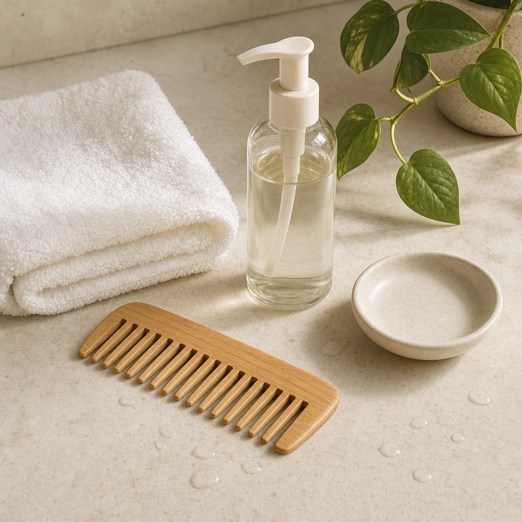Towel, wide-tooth comb, and unmarked pump bottle arranged for a gentle hair-care routine