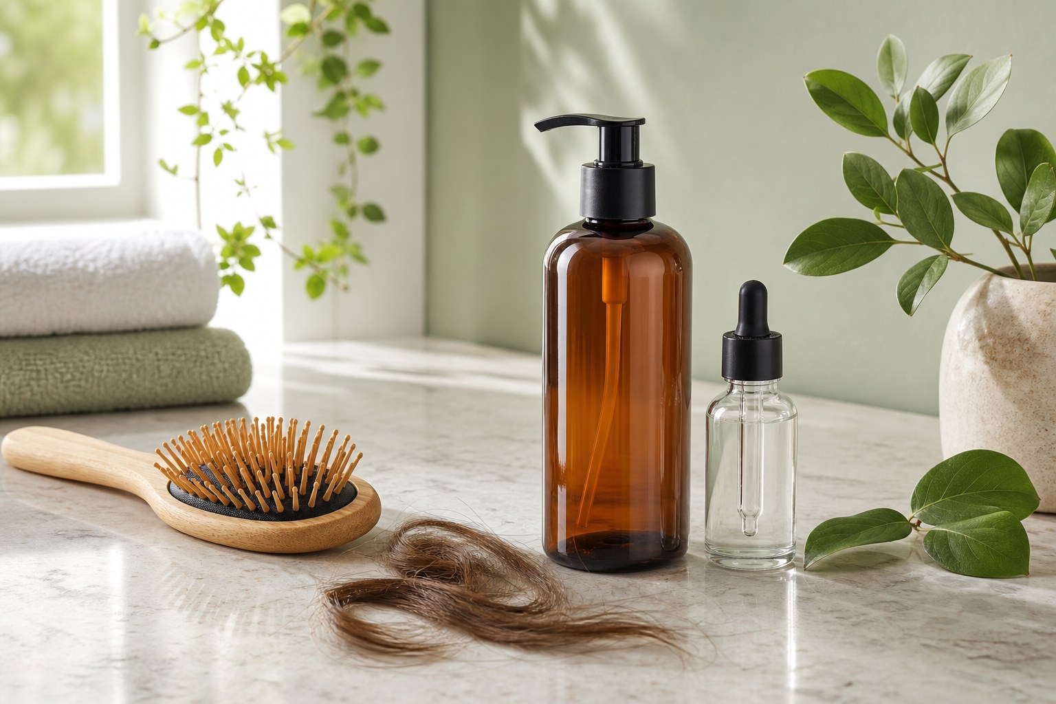 Unlabeled amber shampoo bottle, hairbrush, and dropper bottle on a bathroom counter