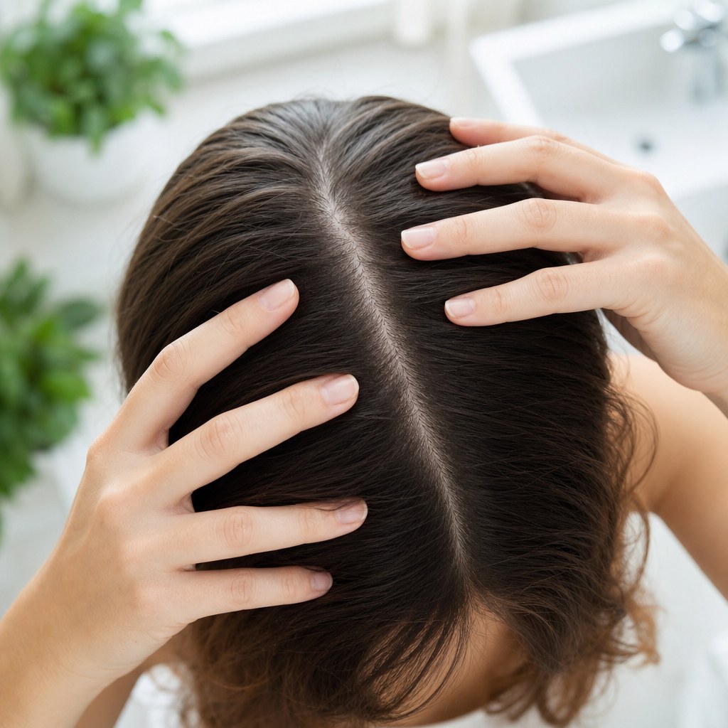 Hands gently parting clean brown hair at the scalp