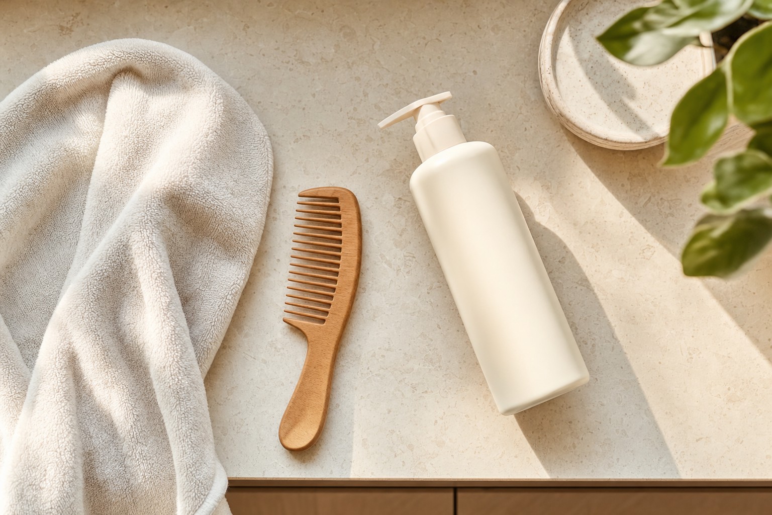 Wide-tooth comb, soft towel, and conditioner arranged for a gentle wash routine