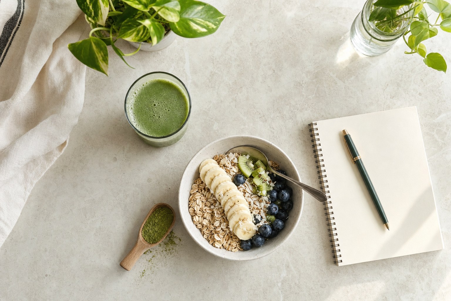 Glass of green drink, breakfast bowl, and a notebook on a light kitchen counter