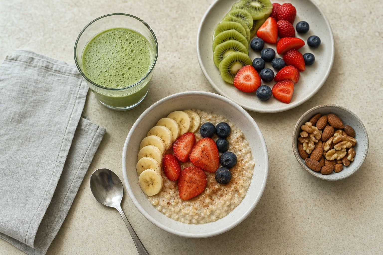 Green drink served beside oatmeal, fruit, and nuts at breakfast