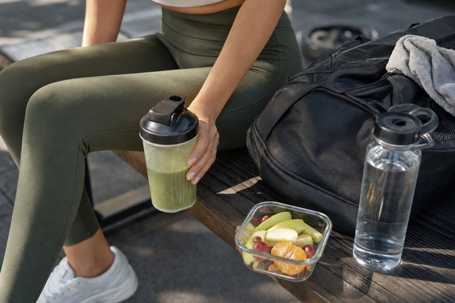 Person holding a green drink beside a gym bag, towel, water bottle, and fruit snack