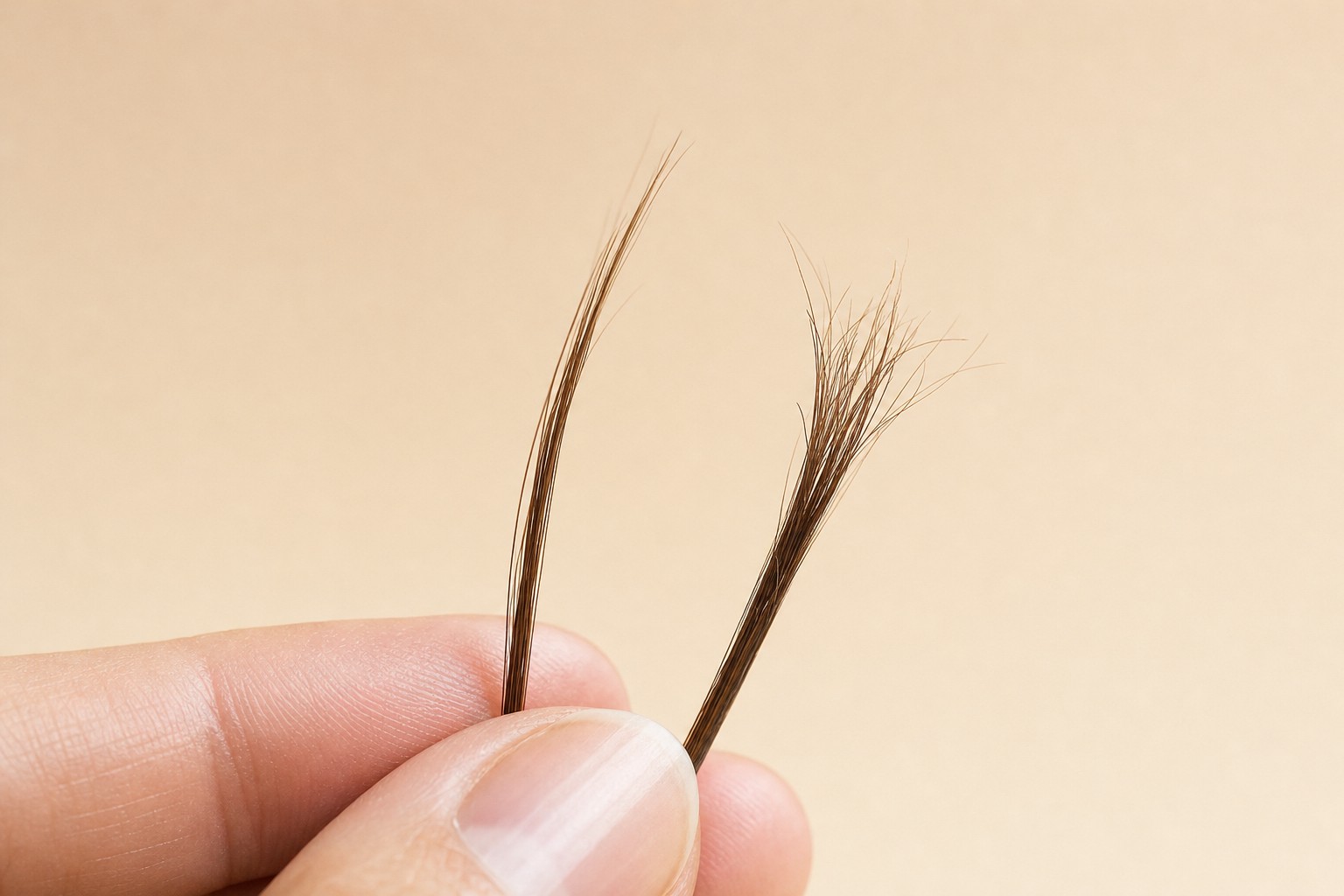 Hair strands showing a soft tapered end and a frayed split end
