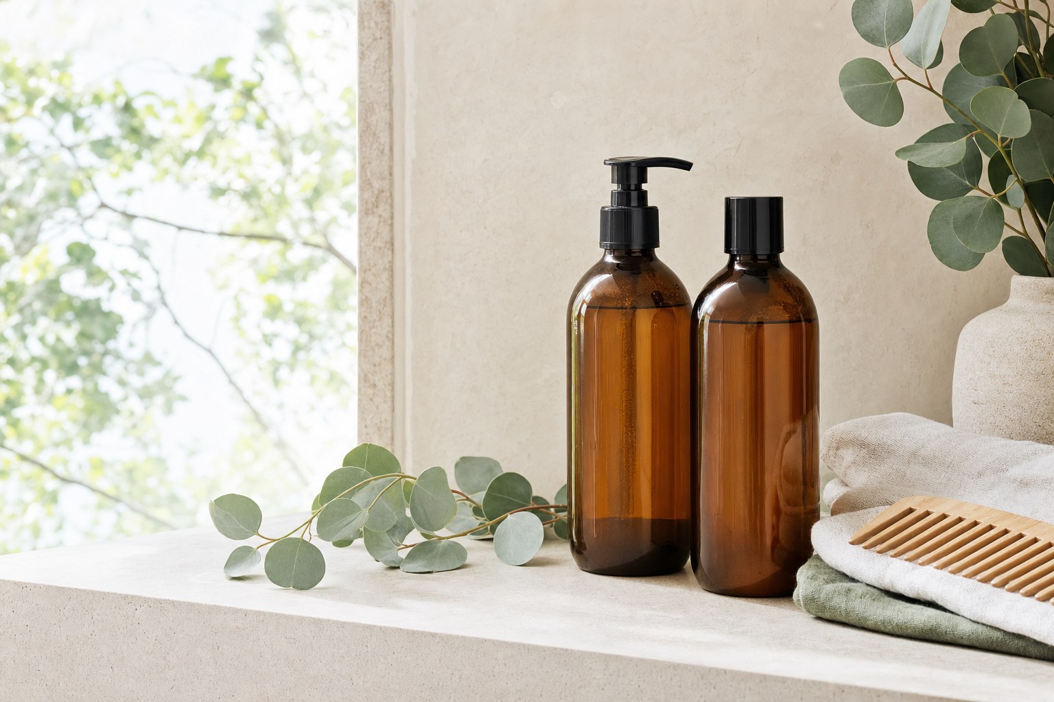 Shampoo and conditioner arranged for a calm hair care routine