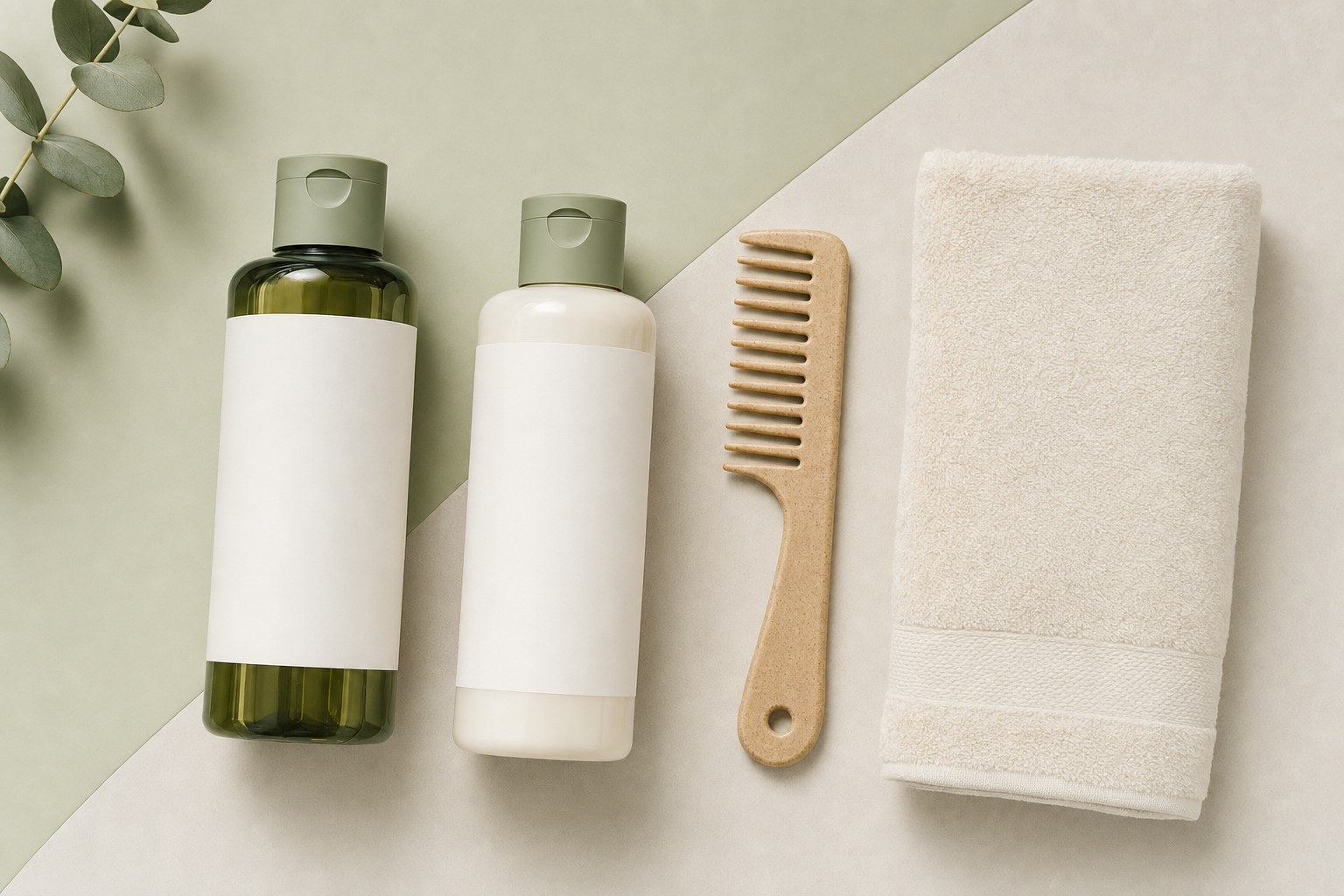 Unlabeled shampoo and conditioner bottles with a comb and towel
