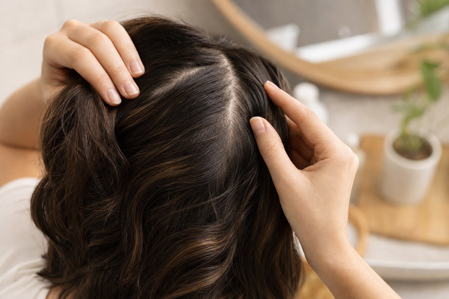 A close view of a clean, cared-for scalp and hair part