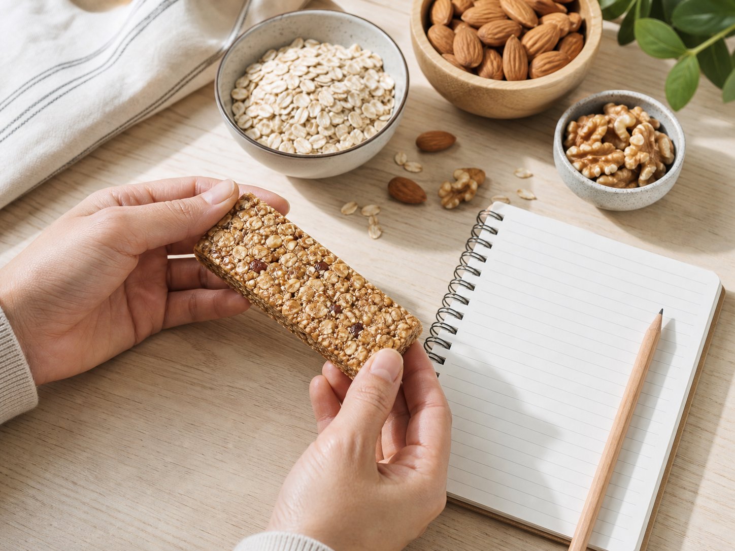 Hands comparing an unbranded snack bar with oats and nuts nearby