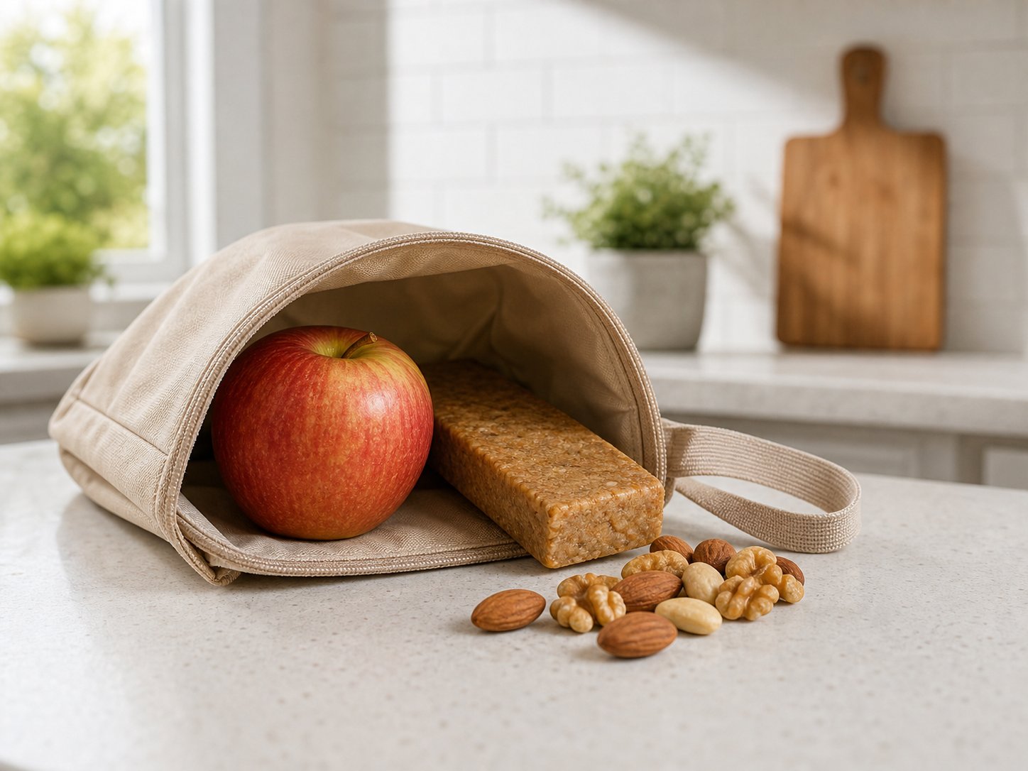 Unbranded protein bar, apple, and nuts in a reusable lunch bag