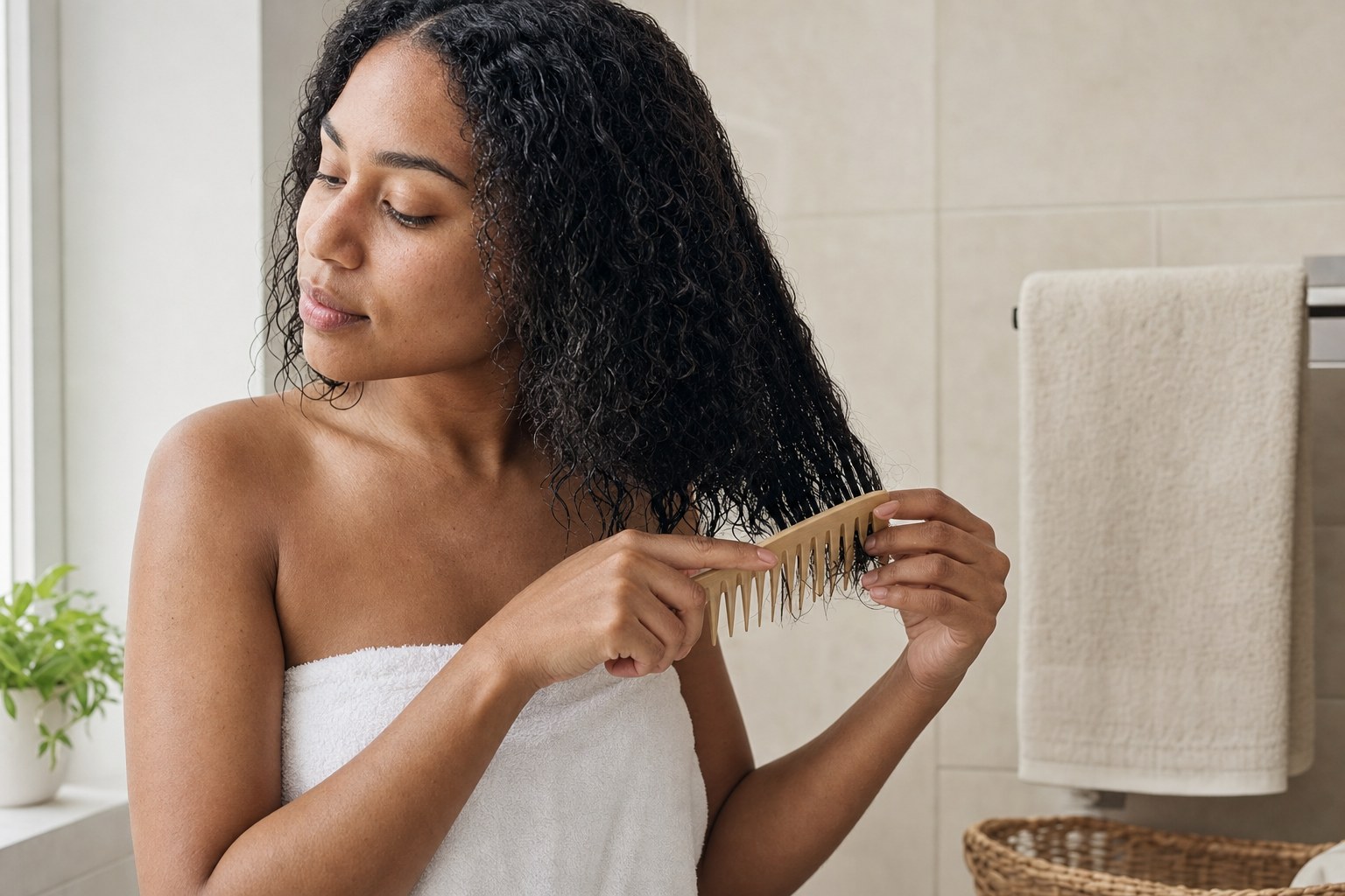 Person gently detangling wet natural-textured hair with a wide-tooth comb