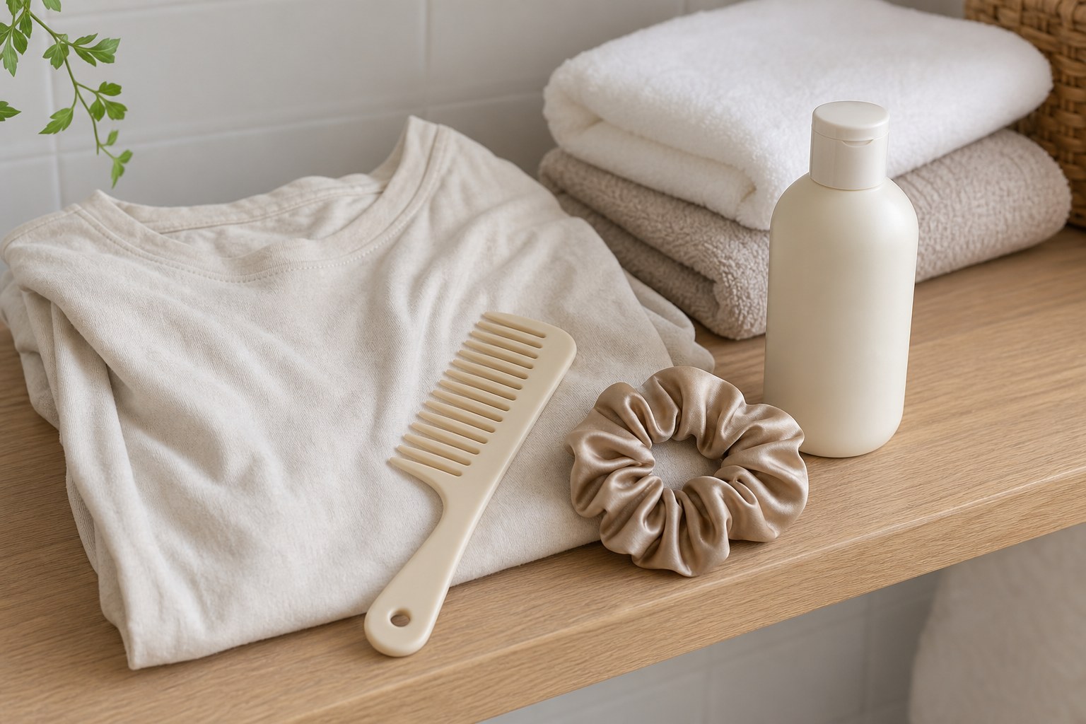 Soft cotton T-shirt, comb, scrunchie, towels, and conditioner for gentle post-wash hair care