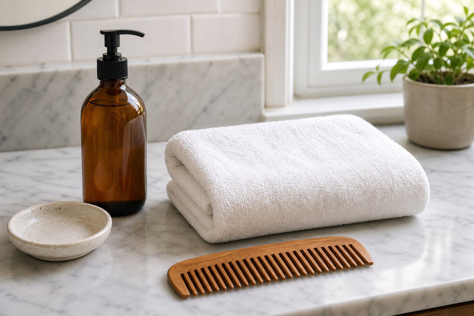 Shampoo bottle, folded towels, and a wide-tooth comb arranged for a wash-day routine