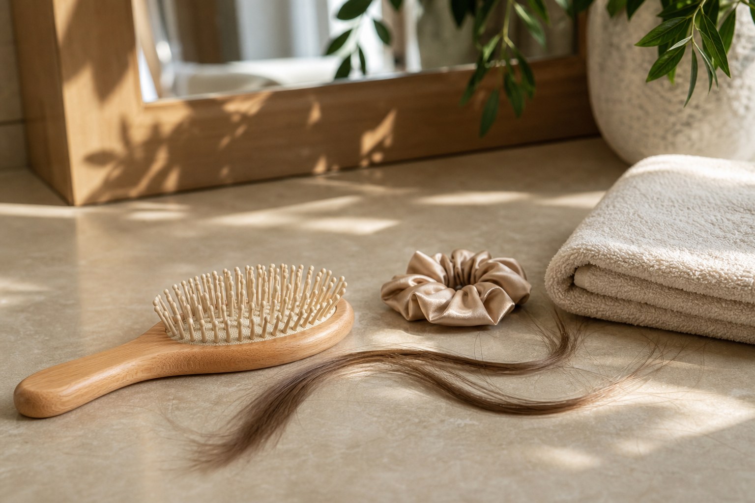 Hairbrush, scrunchie, towel, and a few full-length strands of hair on a bathroom counter