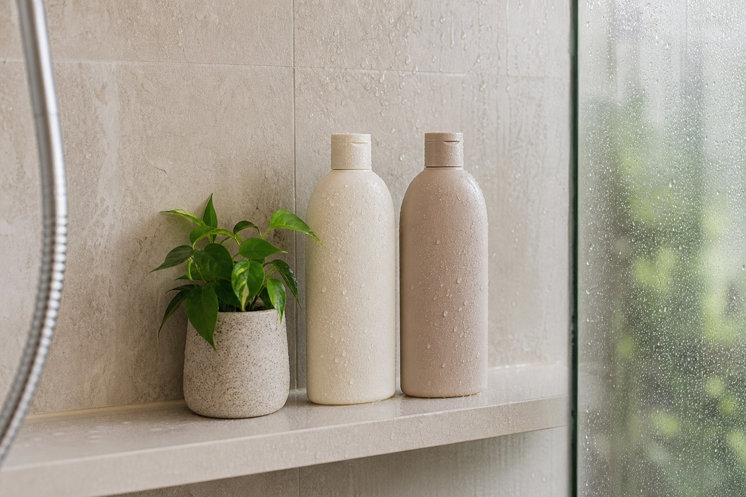 Two unmarked shampoo bottles on a shower shelf