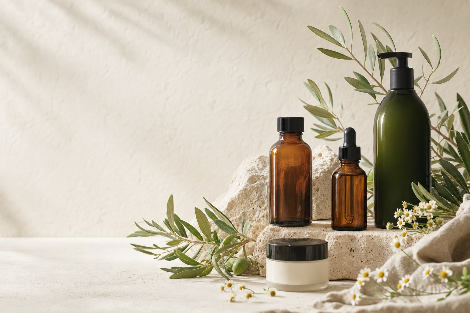 Botanical wellness still life with amber bottles and skincare