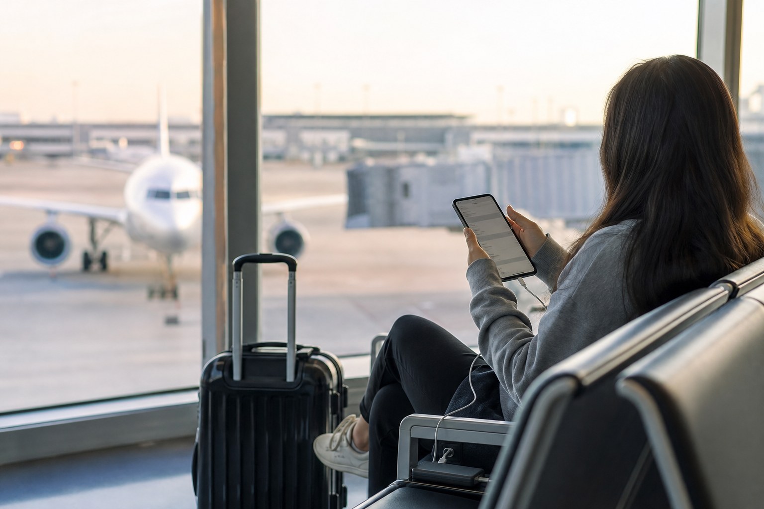 Traveler seated in an airport lounge with carry-on before departure