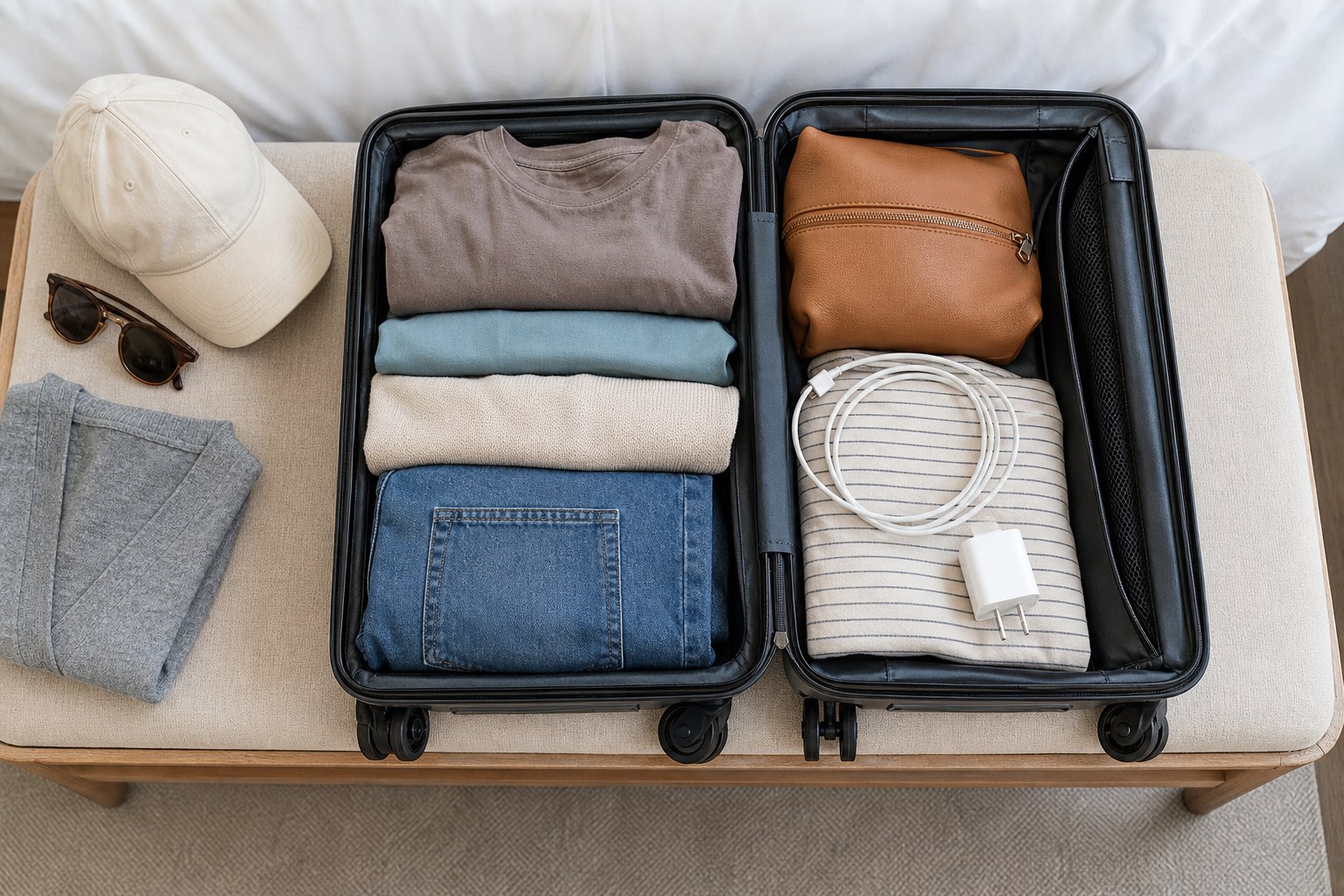 Open carry-on packed neatly with clothing and a travel adapter