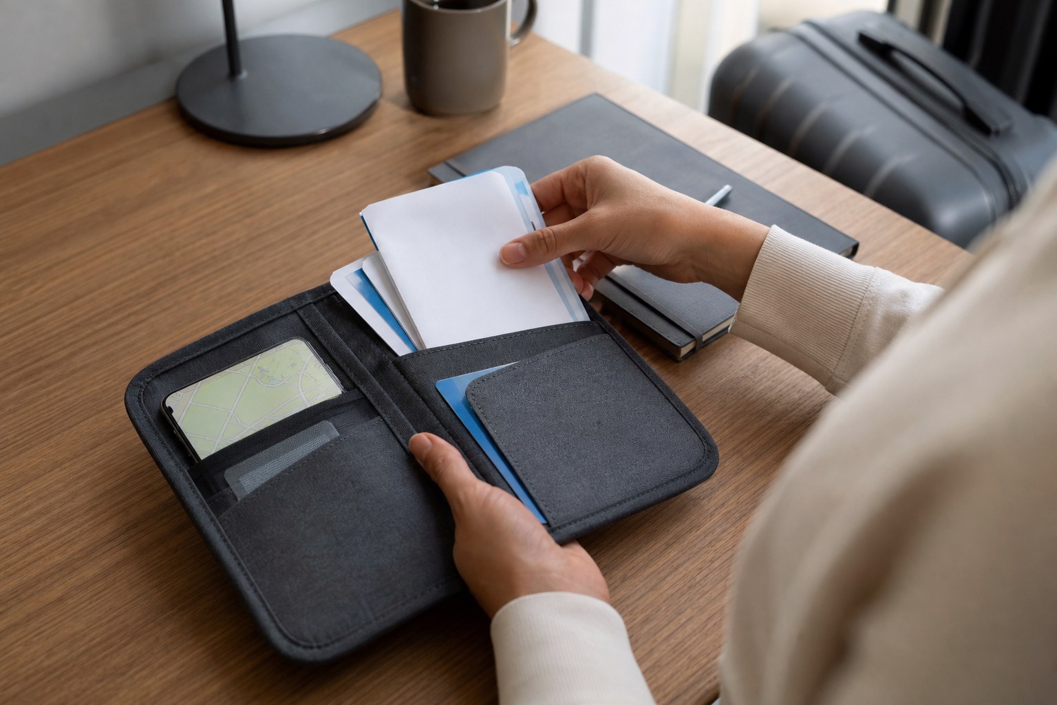 Travel documents organized for an upcoming journey