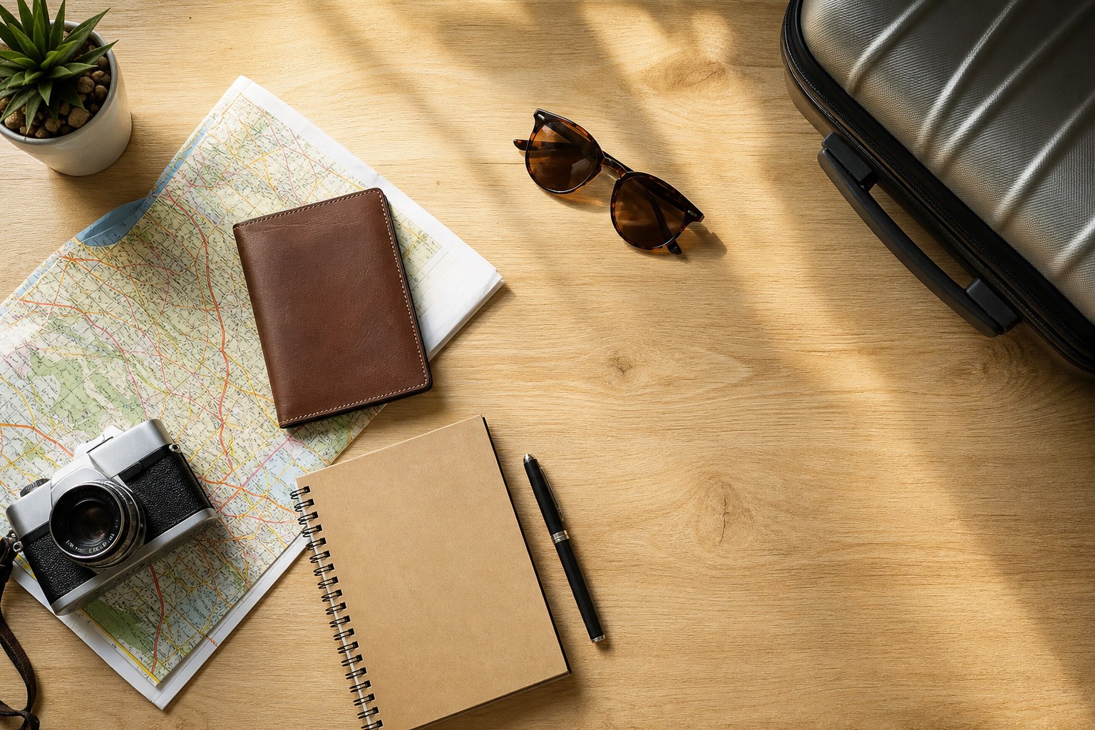 Map, notebook and luggage arranged for trip planning