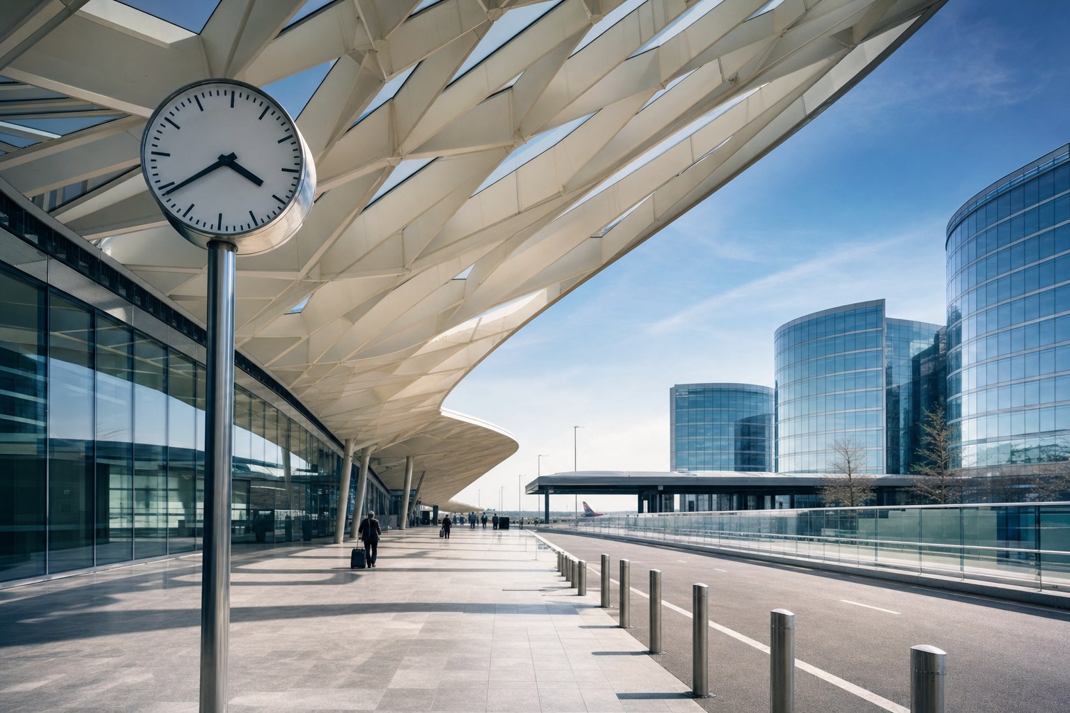 Modern terminal exterior with a station clock