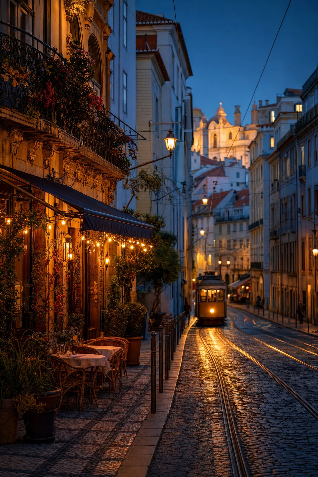 European city street with a tram at dusk