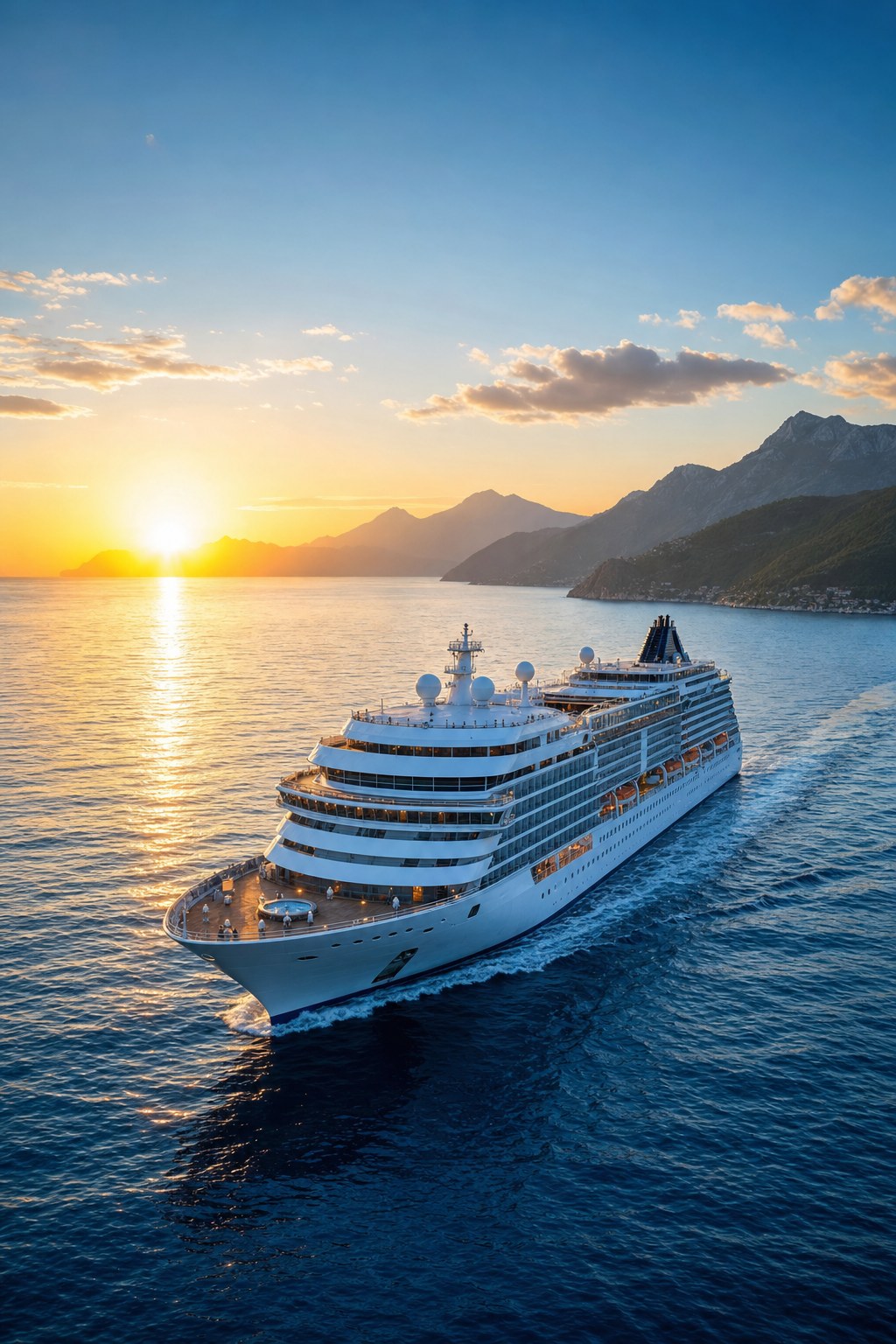 Cruise ship sailing at sunrise