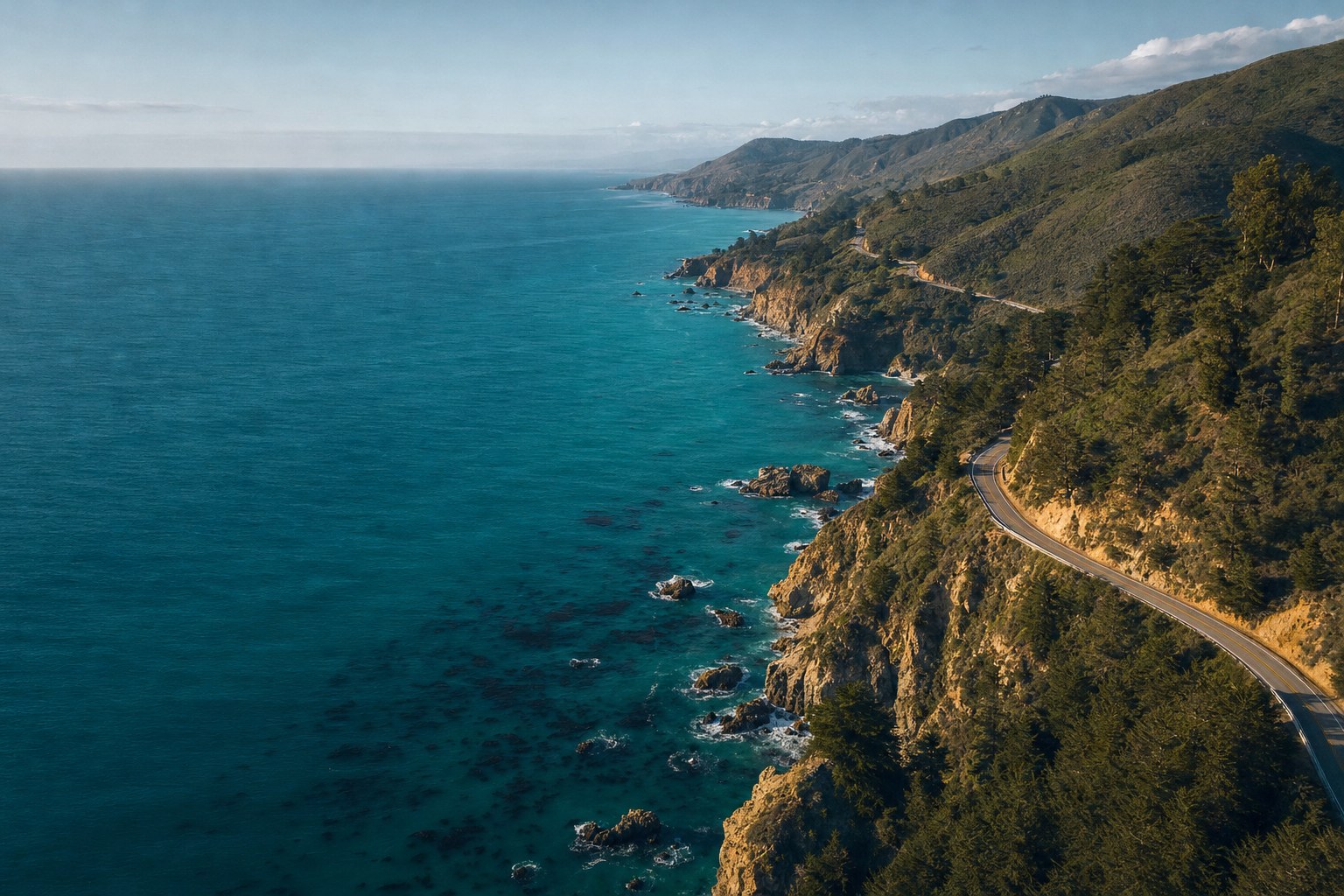 Coastal road following a turquoise shoreline