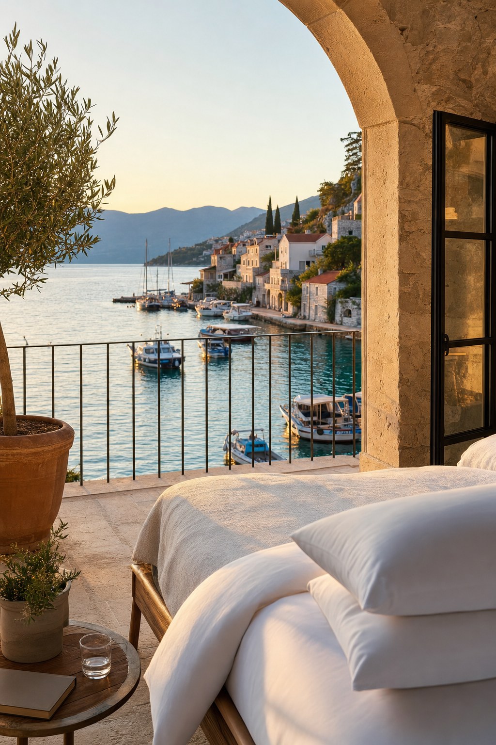 Hotel terrace overlooking a Mediterranean harbor