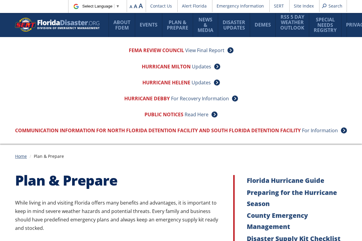 Screenshot of Florida Division of Emergency Management Plan and Prepare resources
