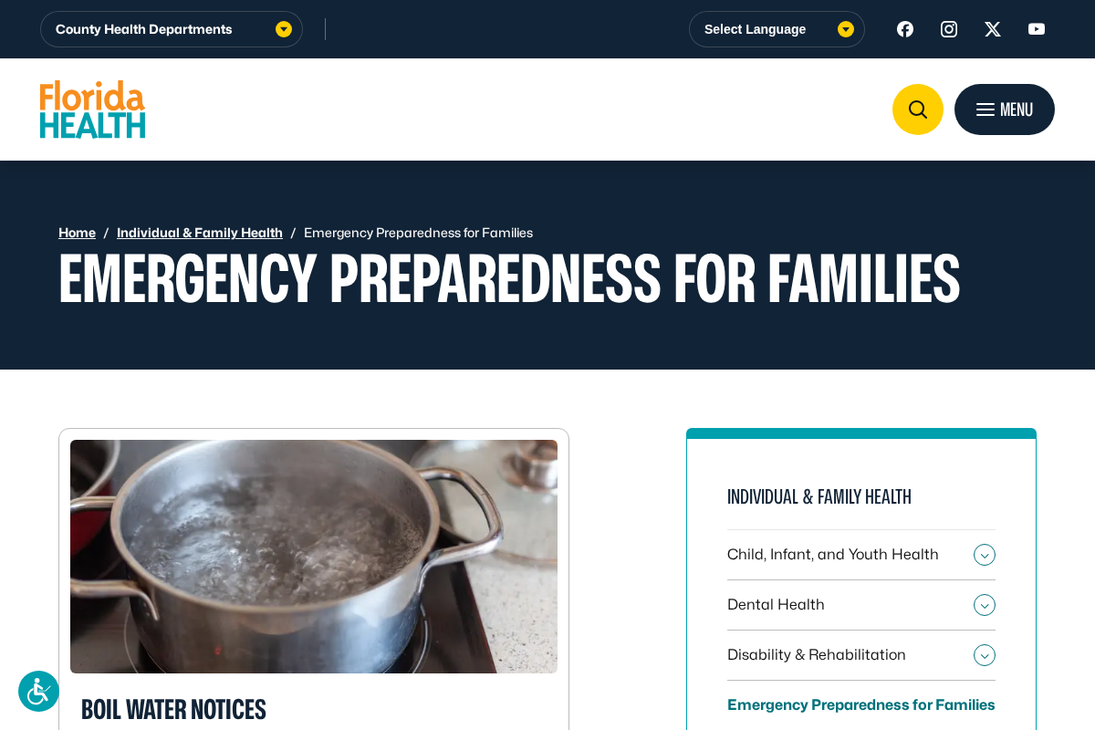 Screenshot of Florida Health emergency preparedness resources for families