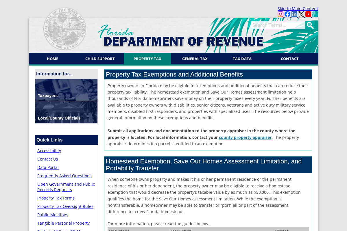 Screenshot of Florida Department of Revenue property tax exemption guidance