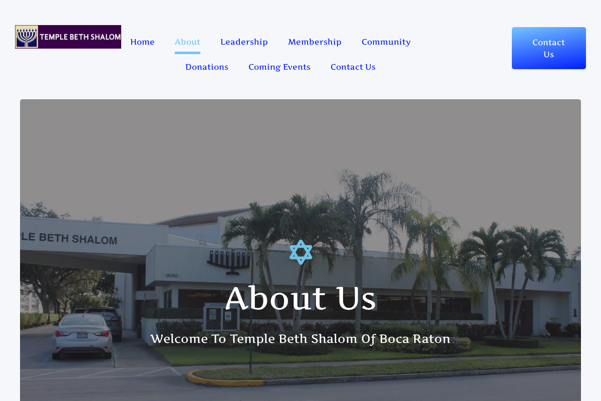 Screenshot of Temple Beth Shalom of Boca Raton public website and synagogue building